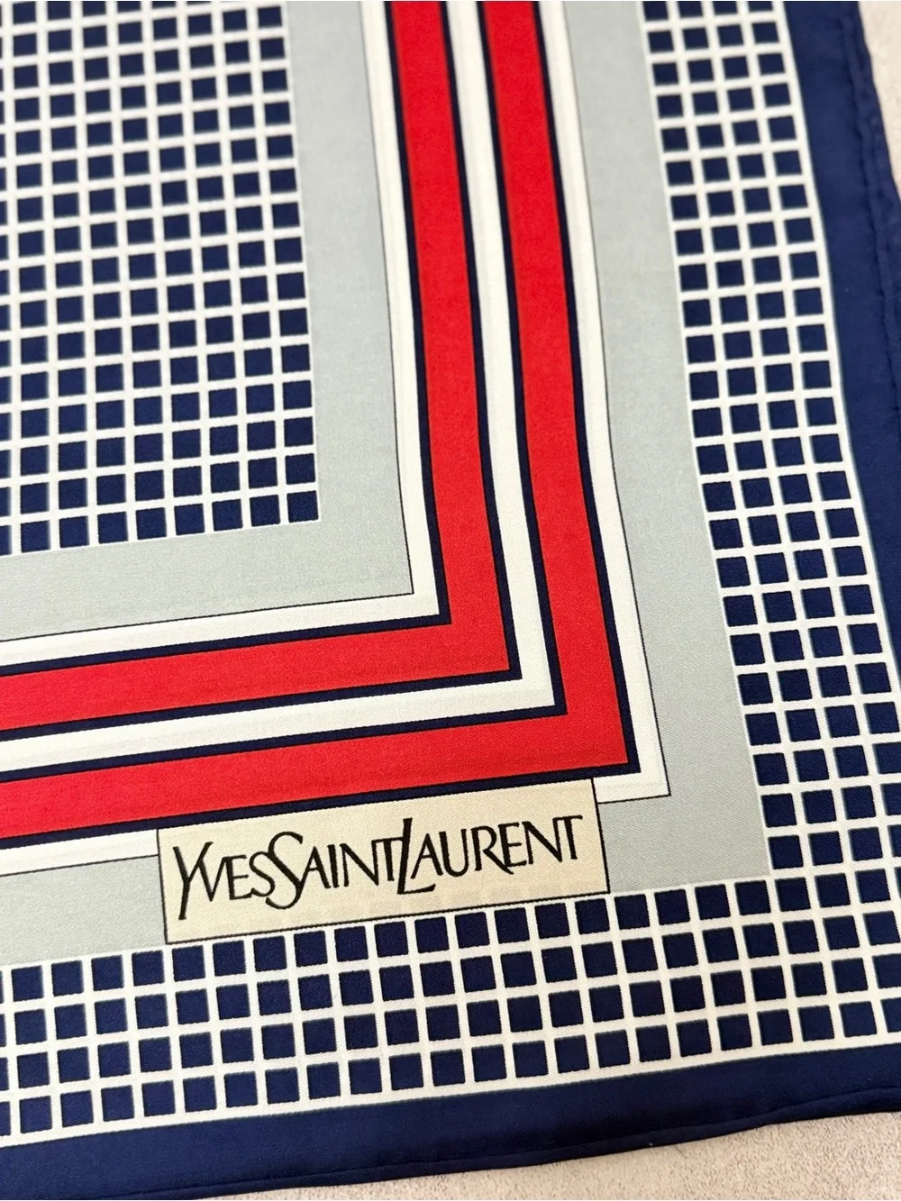 Yves Saint Laurent Navy, Red & Silver Geometric Silk Scarf